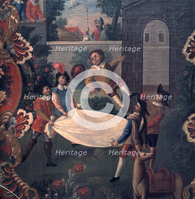 Anonymous Mexican painting, with a scene of 'Don Quijote de la Mancha', Sancho Panza tossed in a …