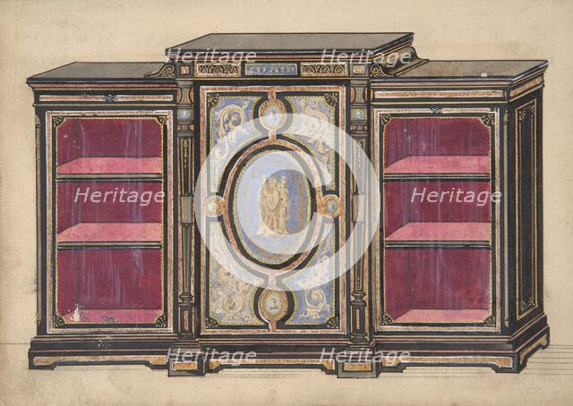 Cabinet Design with Renaissance style Ornament and Red Interior, 19th century. Creator: Anon.