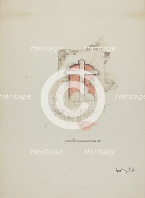 Cross over Main Entrance to Mission, c. 1937. Creator: Geoffrey Holt.