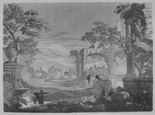 Heroic Landscape with Watering Place, Riders, and Obelisk, 1744. Creator: John Baptist Jackson.