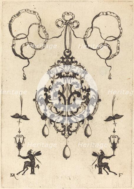 Large Pendant, Lower Left and Right Two Winged "Devils" Sitting on Pedestals, 1596. Creator: Daniel Mignot.
