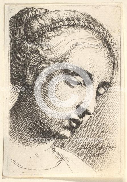 Woman with string of pearls in her hair looking downwards to right, 1645. Creator: Wenceslaus Hollar.