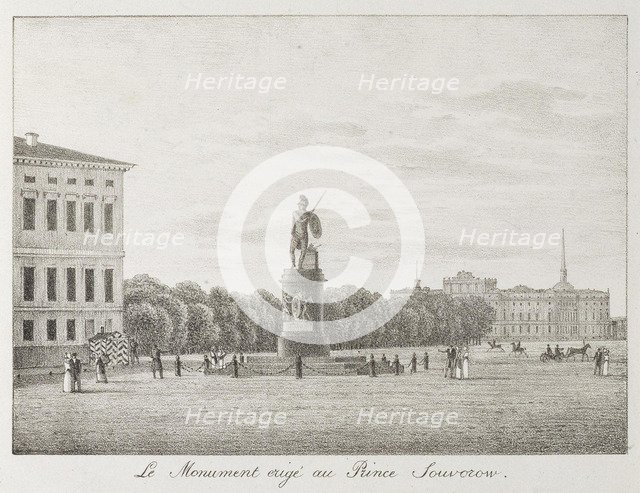 View of the Field of Mars and the Suvorov Monument in Saint Petersburg, 1821-1822. Artist: Martynov, Andrei Yefimovich (1768-1826)