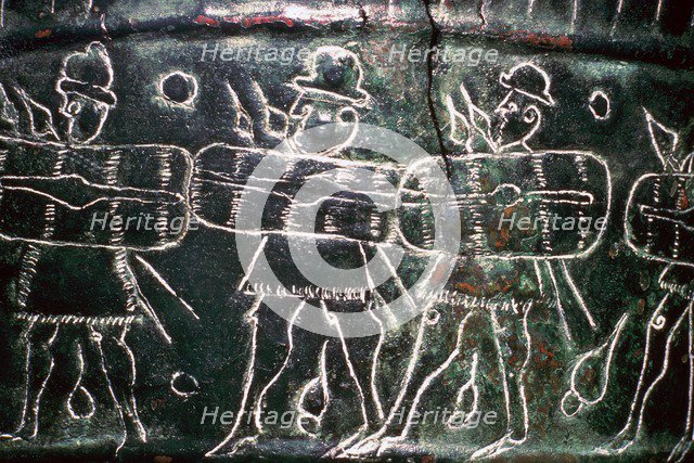 Detail of a bronze situala with Etruscan soldiers, 5th century BC. Artist: Unknown