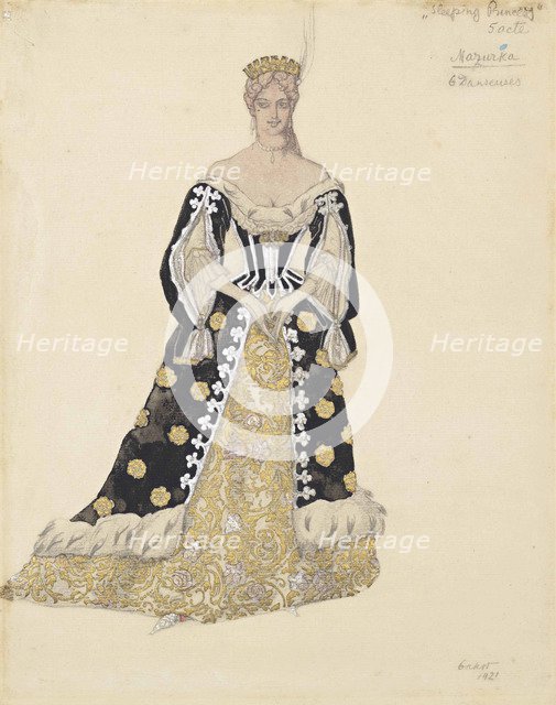 Mazurka dancer. Costume design for the ballet Sleeping Beauty by P. Tchaikovsky, 1921.