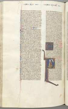 Fol. 440v, Corinthians I, historiated initial P, Paul kneeling talking to the bust of God above, c.  Creator: Unknown.