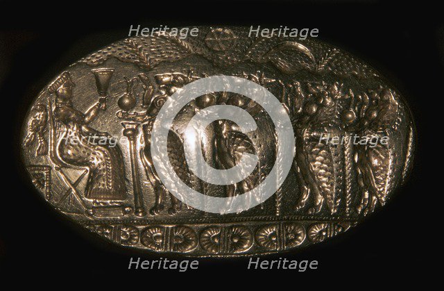Mycenaean gold signet ring picturing a fertility rite, 13th century BC. Artist: Unknown
