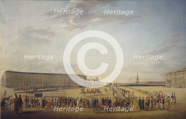 Changing of the Guard at the Palace Square in Saint Petersburg, c. 1800. Artist: Mayr, Johann Georg, von (1760-1816)