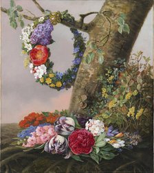 A bouquet of flowers at the foot of a tree; A wreath hangs on a branch, 1832. Creator: Christine Lovmand.