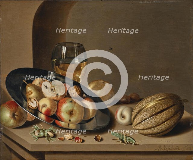 Apples, pears, peaches and walnuts on a pewter plate, First Half of 17th cen.. Creator: Bosschaert; Ambrosius; the Younger (1609-1645).