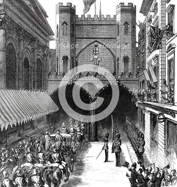 The Royal Visit to the City: Arrival of the Prince and Princess of Wales at Guildhall Yard, 1876. Creator: Unknown.