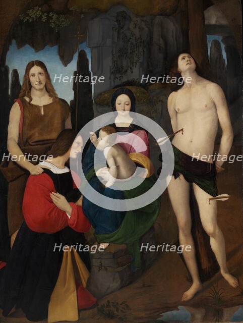 Madonna and Child with Saint John the Baptist, Saint Sebastian and Donor Bassiano Da Ponte, c.1508. Creator: Boltraffio, Giovanni Antonio (1467-1516).