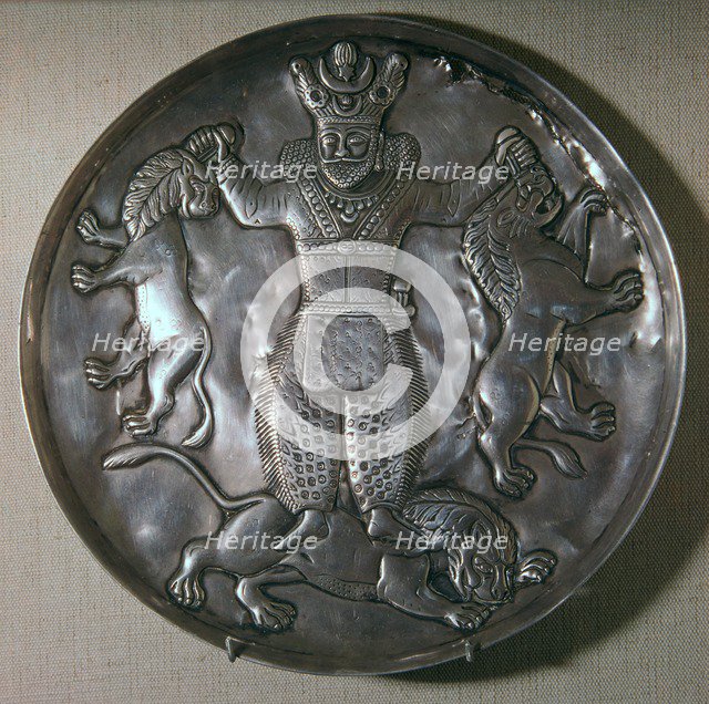 Sassanian dish showing a king holding lions. Artist: Unknown