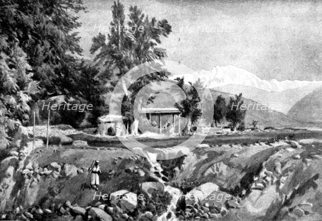 The Chitral Expedition: Musjid in the Serai, Chitral: the Mountain Trichmir in the distance, 1895. Creator: George Meisenbach.