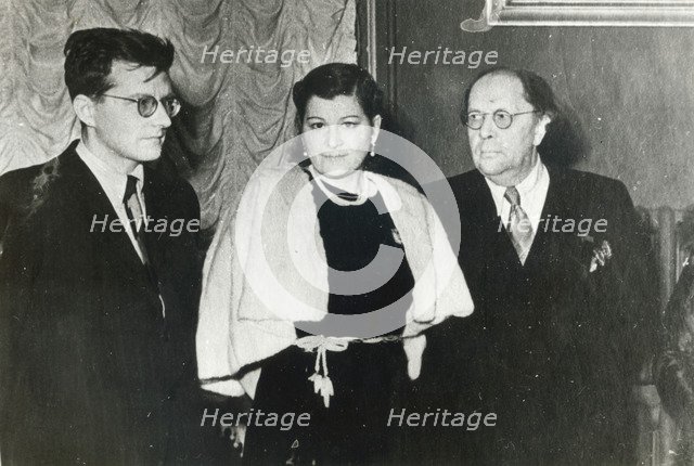 Russian composer Dmitri Shostakovich, singer Maria Maksakova and writer Aleksey Tolstoy, 1943. Artist: Unknown