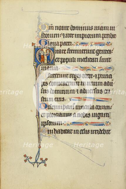 Initial H: A Deacon in Prayer before a Saint with a Book and Martyr's Palm; Ruskin Hours, about 1300 Creator: Unknown.