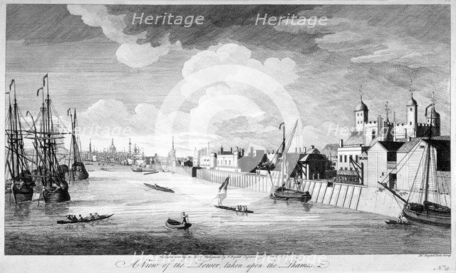 View of the Tower of London with boats and passengers on the River Thames, 1751. Artist: John Boydell