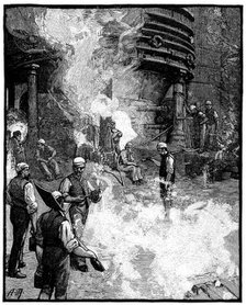Tapping blast furnace, and casting iron into pigs, Siemens iron and steel works, Wales, 1885. Artist: Unknown