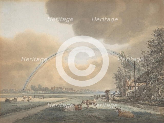 Landscape with a Rainbow over a Farmhouse and Distant Village, n.d.. Creator: Vincent Jansz. van der Vinne.