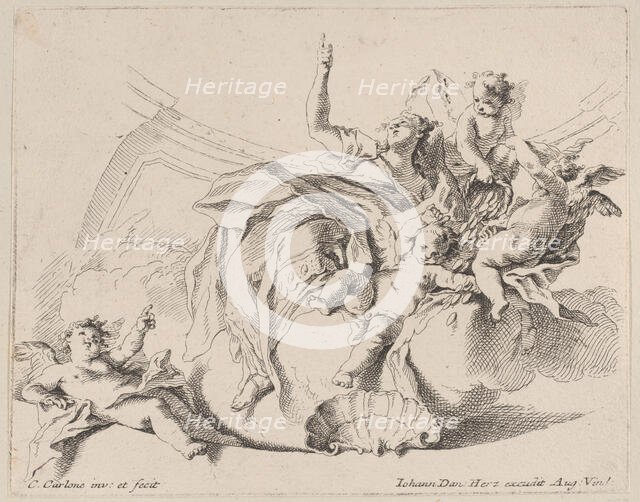 Wealth, represented by a woman seated on clouds and surrounded by putti, one of whom is..., 1725-75. Creator: Carlo Innocenzo Carloni.