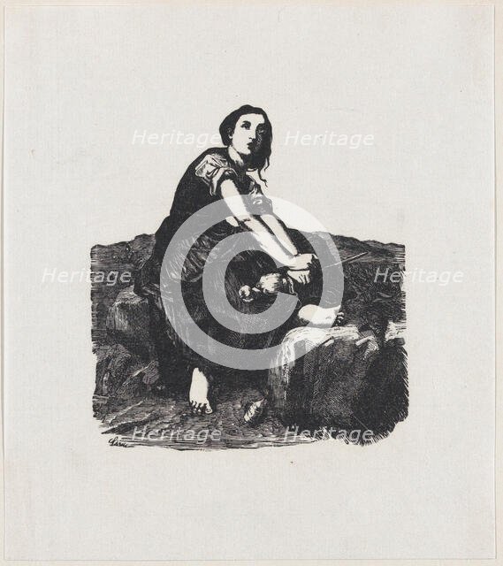 Girl seated on a rock holding a distaff, ca. 1800-1899. Creator: Anon.