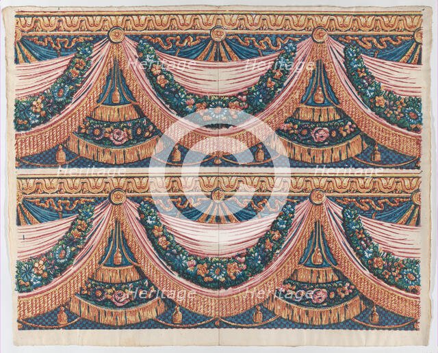 Sheet with two borders with draped curtains and floral garlands, lat..., late 18th-mid-19th century. Creator: Anon.