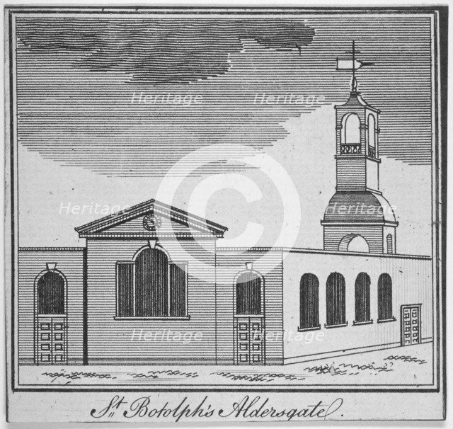 North-east view of the Church of St Botolph Aldersgate, City of London, 1750. Artist: Anon