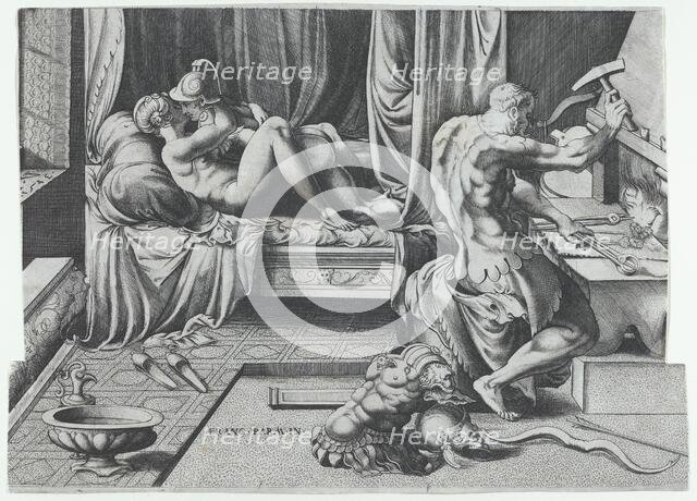 Venus and Mars Embracing as Vulcan Works at His Forge, 1543. Creator: Enea Vico.