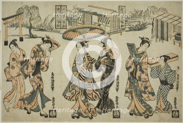 Girls of Fukagawa - A Triptych (Fukagawa musume sanpukutsui), c. 1755. Creator: Torii Kiyohiro.