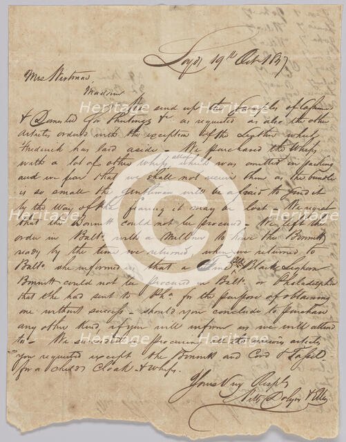Letter concerning procurement of whips, personal affects, and bolts of cloth, October 19, 1829. Creator: Unknown.