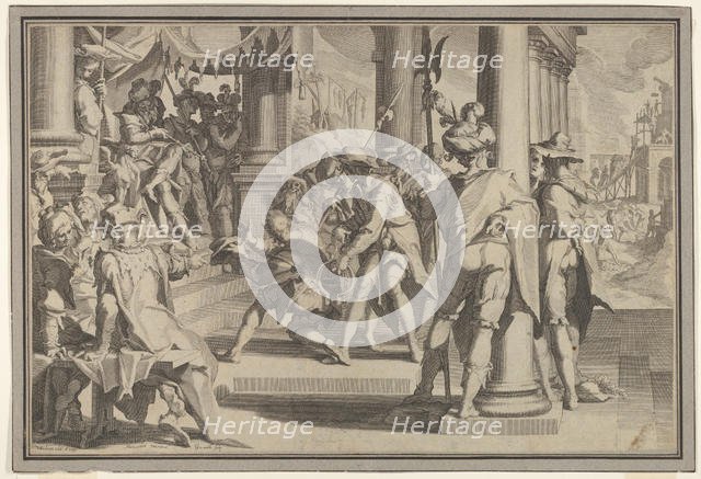 Allegory of Justice (Sanctity of the Law) with a court scene depicting a man being pardone..., 1605. Creator: Willem van Swanenburg.