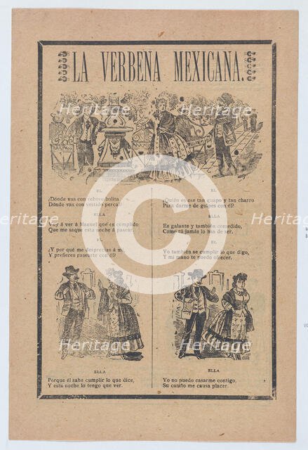 Broadsheet with a verse about a woman who rejects a male suitor for another, vign..., ca. 1900-1913. Creator: José Guadalupe Posada.