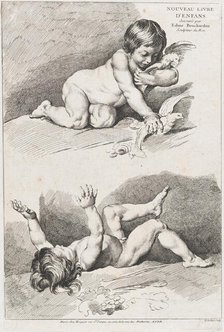 Two nude children playing with a leaf; from New Book of Children, 1720-60. Creator: Pierre Alexandre Aveline.