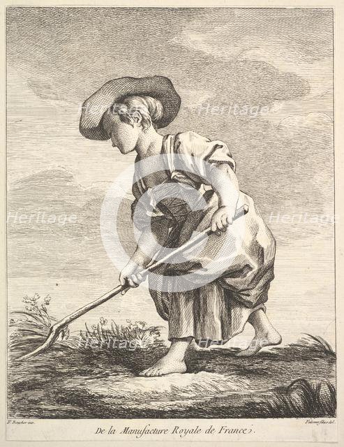 Little girl doing farm work, from Premier Livre de Figures d'après les porcelaines de la M..., 1757. Creator: Pierre Etienne Falconet.
