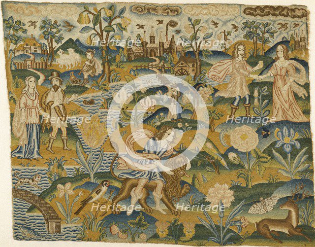 Embroidered picture: Man with a Lion in a Landscape with two Couples, 2nd half of the 17th century Artist: Unknown.