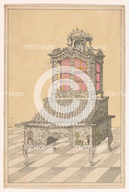 Design for a desk with a display up, decorated with marquetry of landscapes, c.1760-c.1770. Creator: Anon.