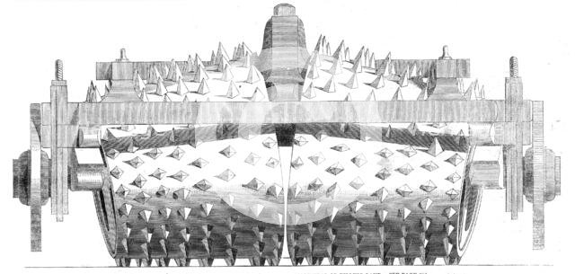 Braby's machine for breaking-up roads and scarifying or tilling land, 1861. Creator: Unknown.