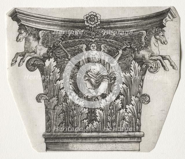 Base and Capital with Figure of Fame and Winged Horses (capital), c. 1525-1550. Creator: Master G. A. with the man-trap (Italian, active 1525-50).