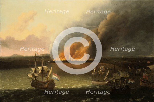 Seascape with a fire in the distance, 1667. Artist: Ludolf Backhuysen I
