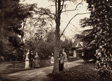 Autumn Scene with People on Lawn near Cottage, ca. 1855. Creator: Unknown.