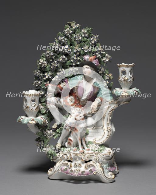 Candelabrum with Shepherd and Dog Figure, c. 1775. Creator: Derby Porcelain Factory (Chelsea-Derby Period).