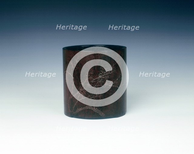 Golden fleece zitan brushpot with prunus tree and calligraphy, Qing dynasty, China, 1785. Artist: Unknown