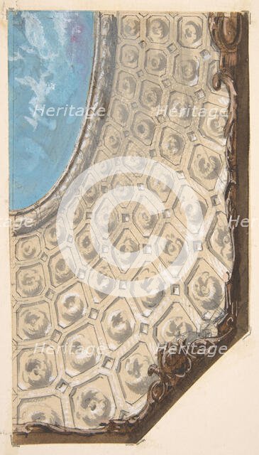 Design for a coffered ceiling with a central oval painted in clouds, 1830-97. Creators: Jules-Edmond-Charles Lachaise, Eugène-Pierre Gourdet.