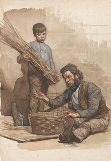 Seated basket weaver with standing boy, 1874-1925. Creator: Jan Veth.