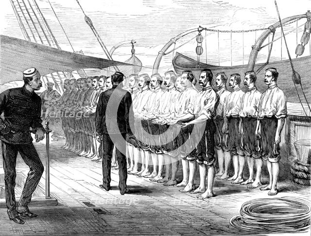 Life on board a troop-ship: inspection of hands and feet, 1873. Creator: Unknown.