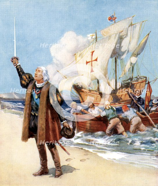 Christopher Columbus landing in America, 1492, (c1920). Artist: Unknown