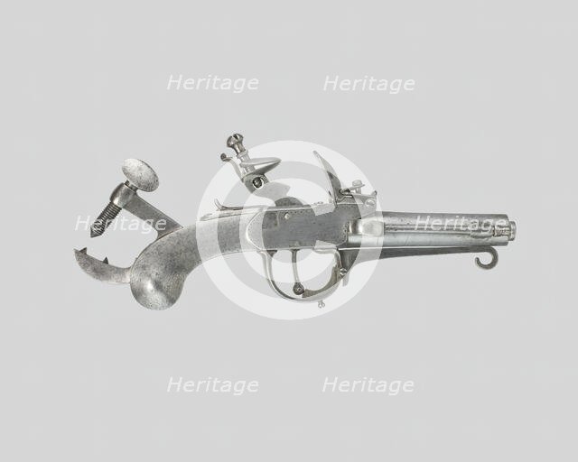 Flintlock Alarm-Trap Pistol, France, c. 1800. Creator: Unknown.