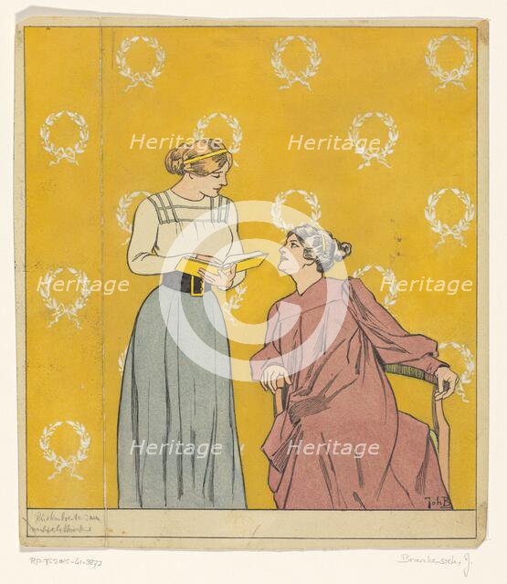 Book cover design: two women with a book, 1868-1940. Creator: Johan Coenraad Braakensiek.