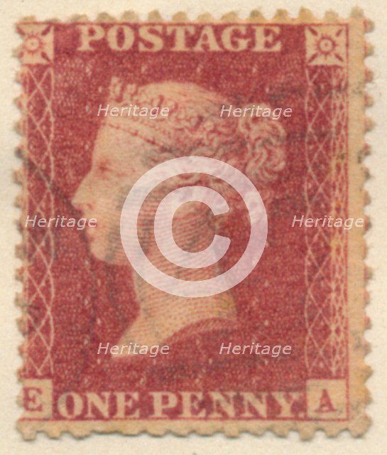 The Penny Red postage stamp, 1841. Artist: Perkins, Bacon & Co