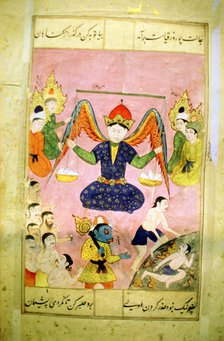 Arab manuscript depicting an angel weighing a soul. Artist: Unknown